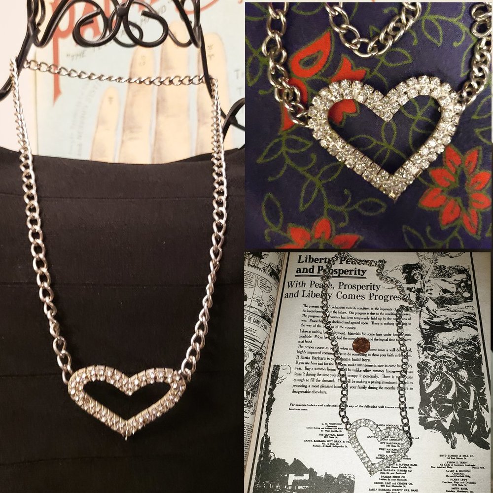 SOLD Statement Heart Rhinestone Open Pendant Silvertone Necklace